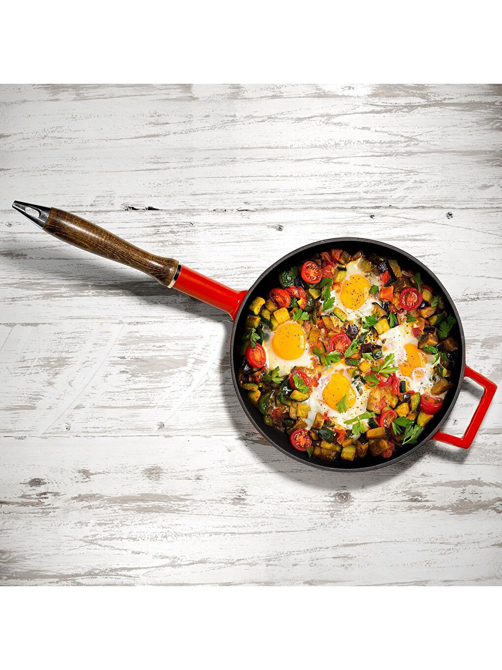 Turuncu Yuvarlak Kızartma Tavası Cam Kapaklı Döküm Demir ve Ahşap Saplı Çap(Ø)28cm.-3