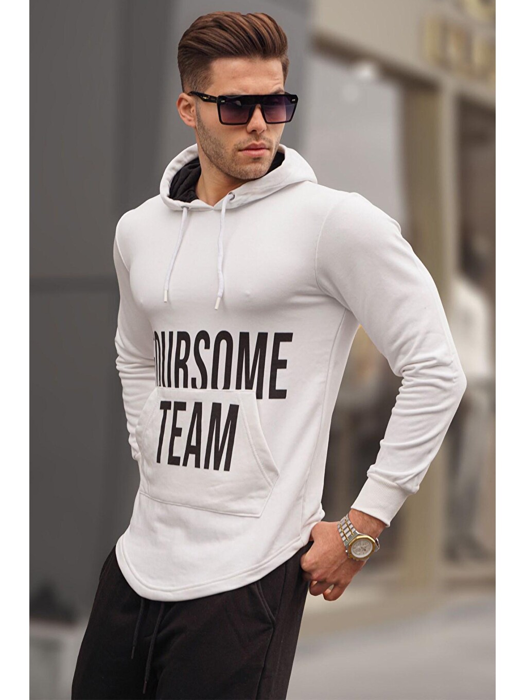 Baskılı Beyaz Kapüşonlu Sweatshirt 4148
