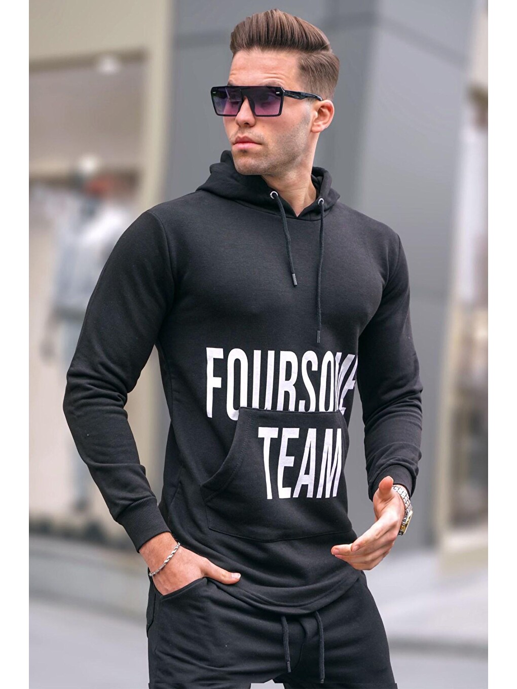 Baskılı Siyah Kapüşonlu Sweatshirt 4148