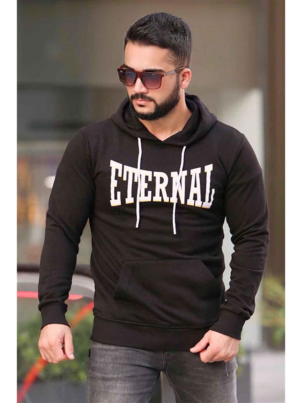 Madmext Siyah Baskılı Siyah kapüşonlu Sweatshirt 4175