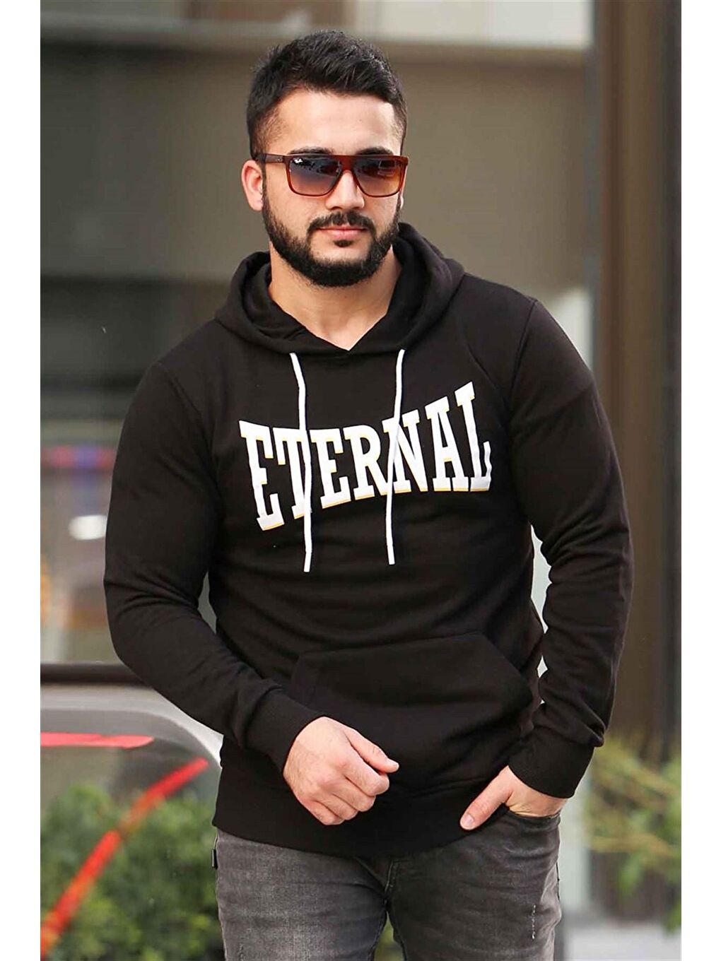 Madmext Siyah Baskılı Siyah kapüşonlu Sweatshirt 4175 - 1