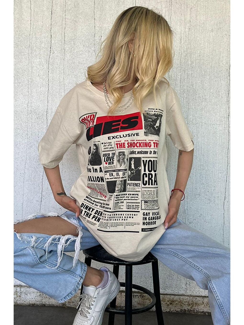 Bej Arka Baskılı Over Fit Kadın Tişört Mg1506-1