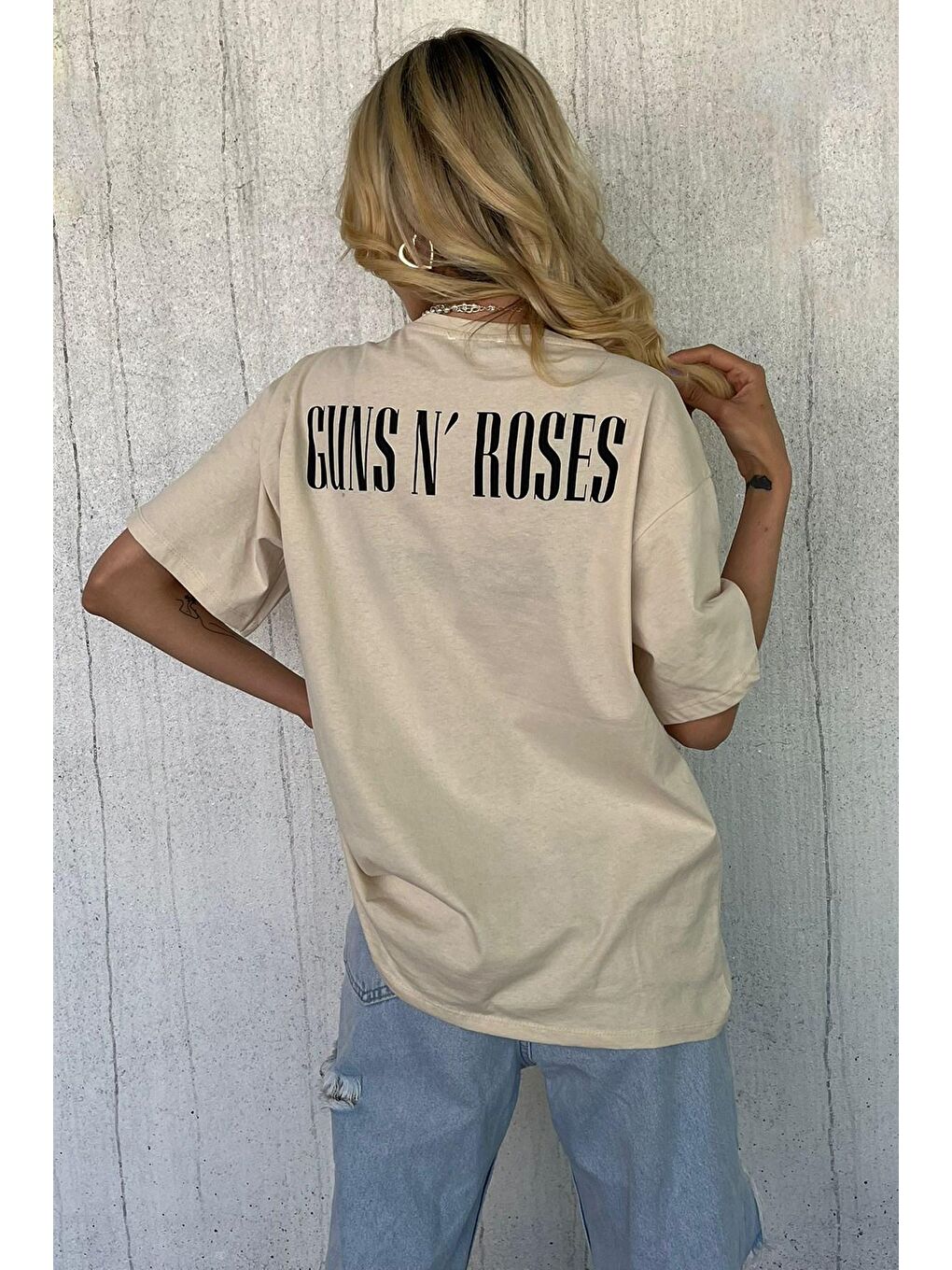 Bej Arka Baskılı Over Fit Kadın Tişört Mg1506-2