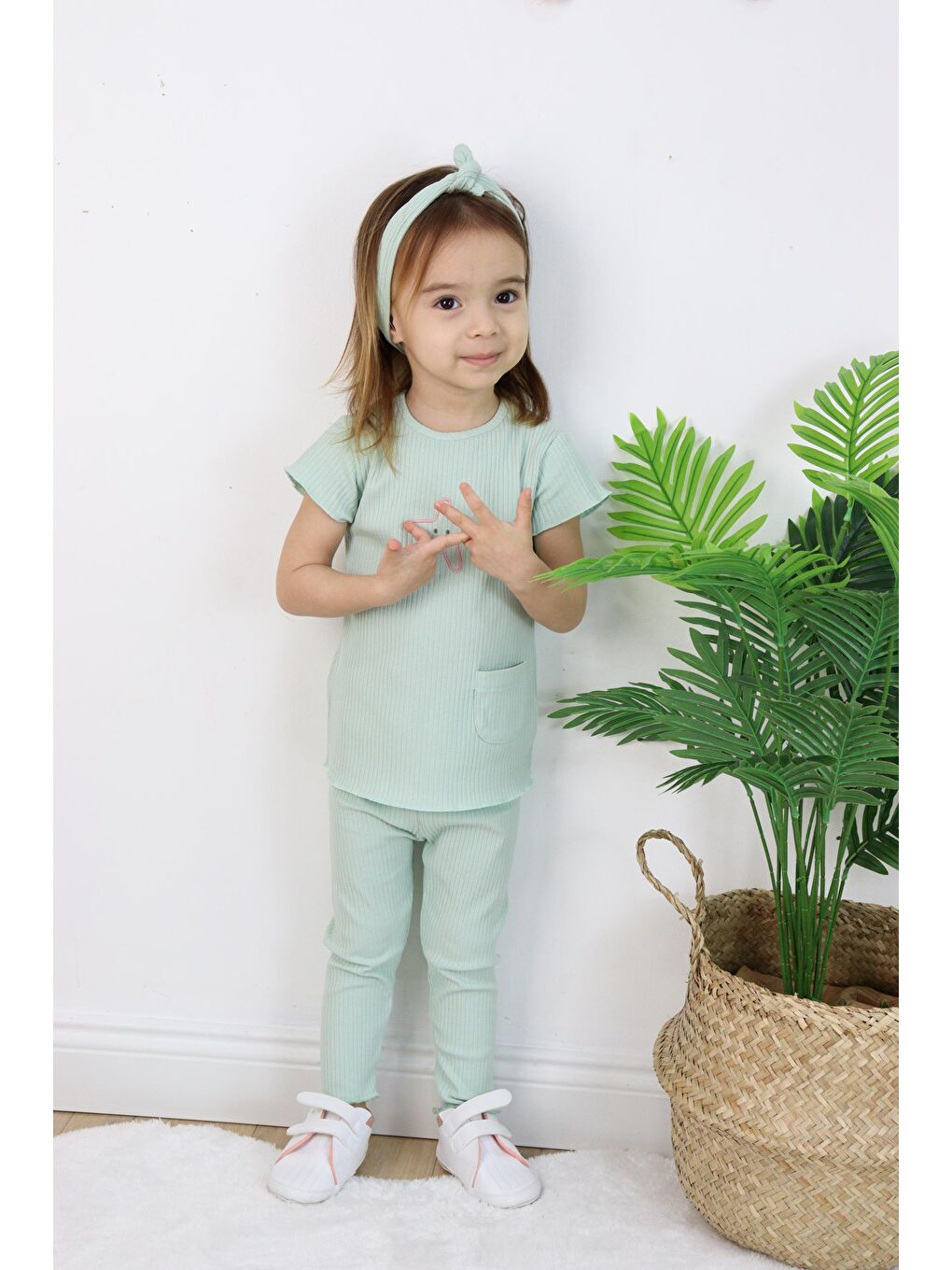 Yeşil Kız Çocuk Saç Bandanalı Kaprili Yazlık İkili Takım