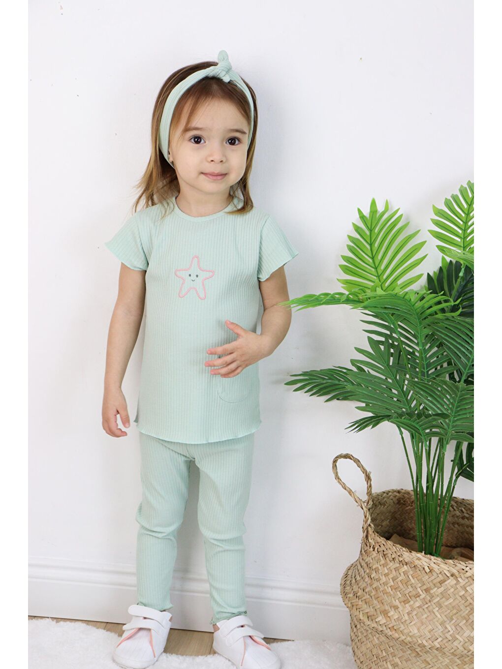 Yeşil Kız Çocuk Saç Bandanalı Kaprili Yazlık İkili Takım-1