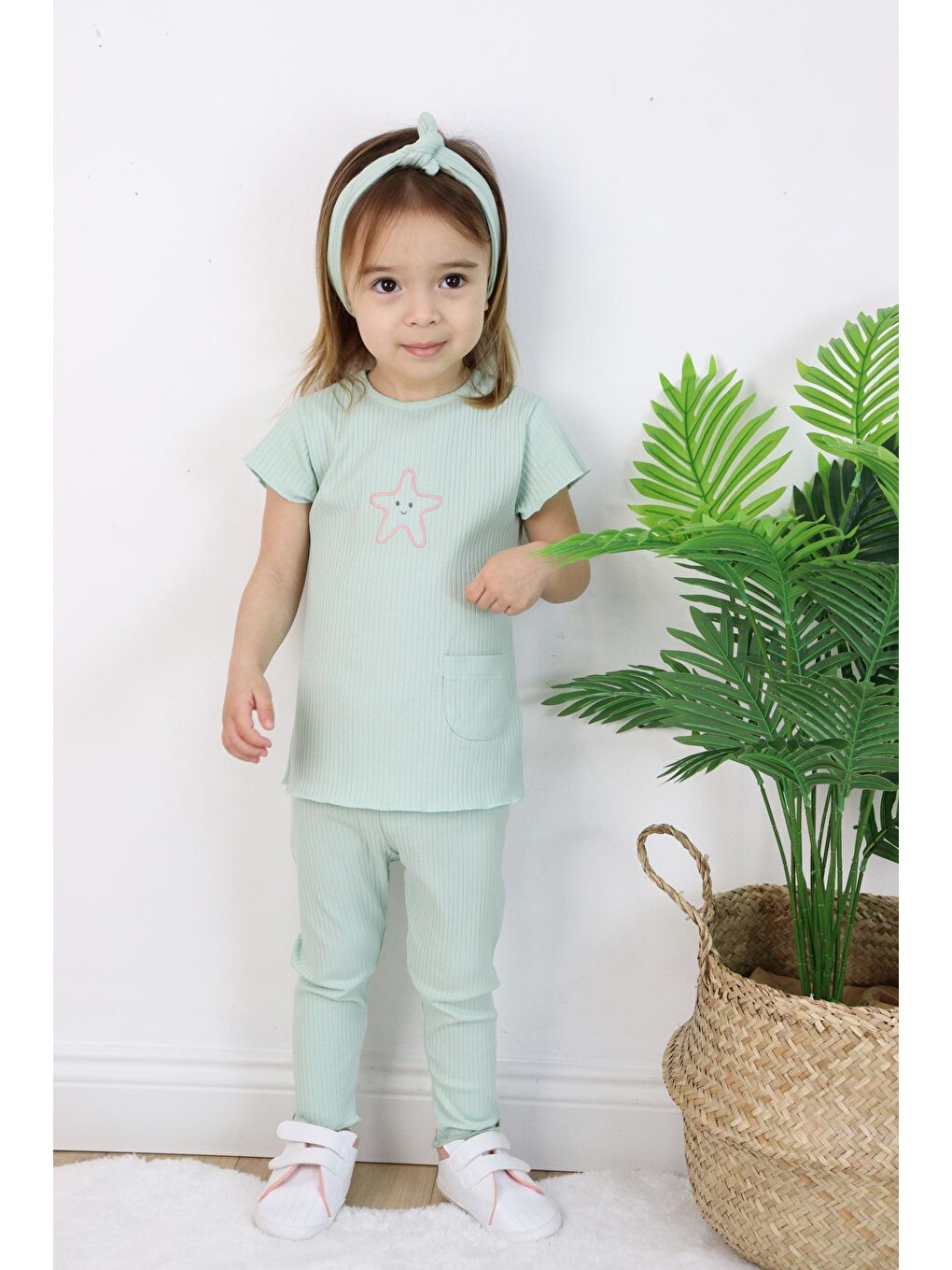 Yeşil Kız Çocuk Saç Bandanalı Kaprili Yazlık İkili Takım-2
