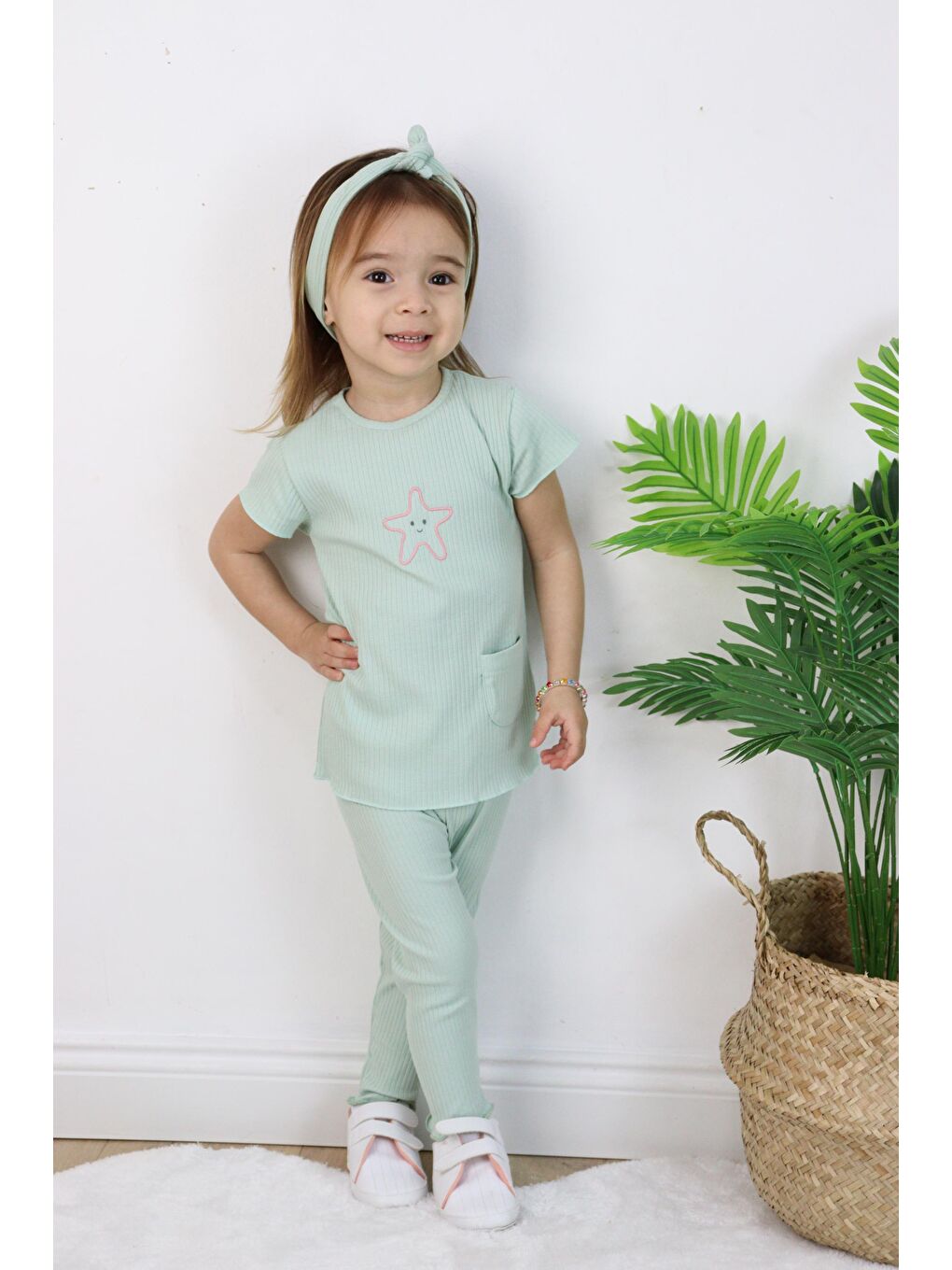 Yeşil Kız Çocuk Saç Bandanalı Kaprili Yazlık İkili Takım-3