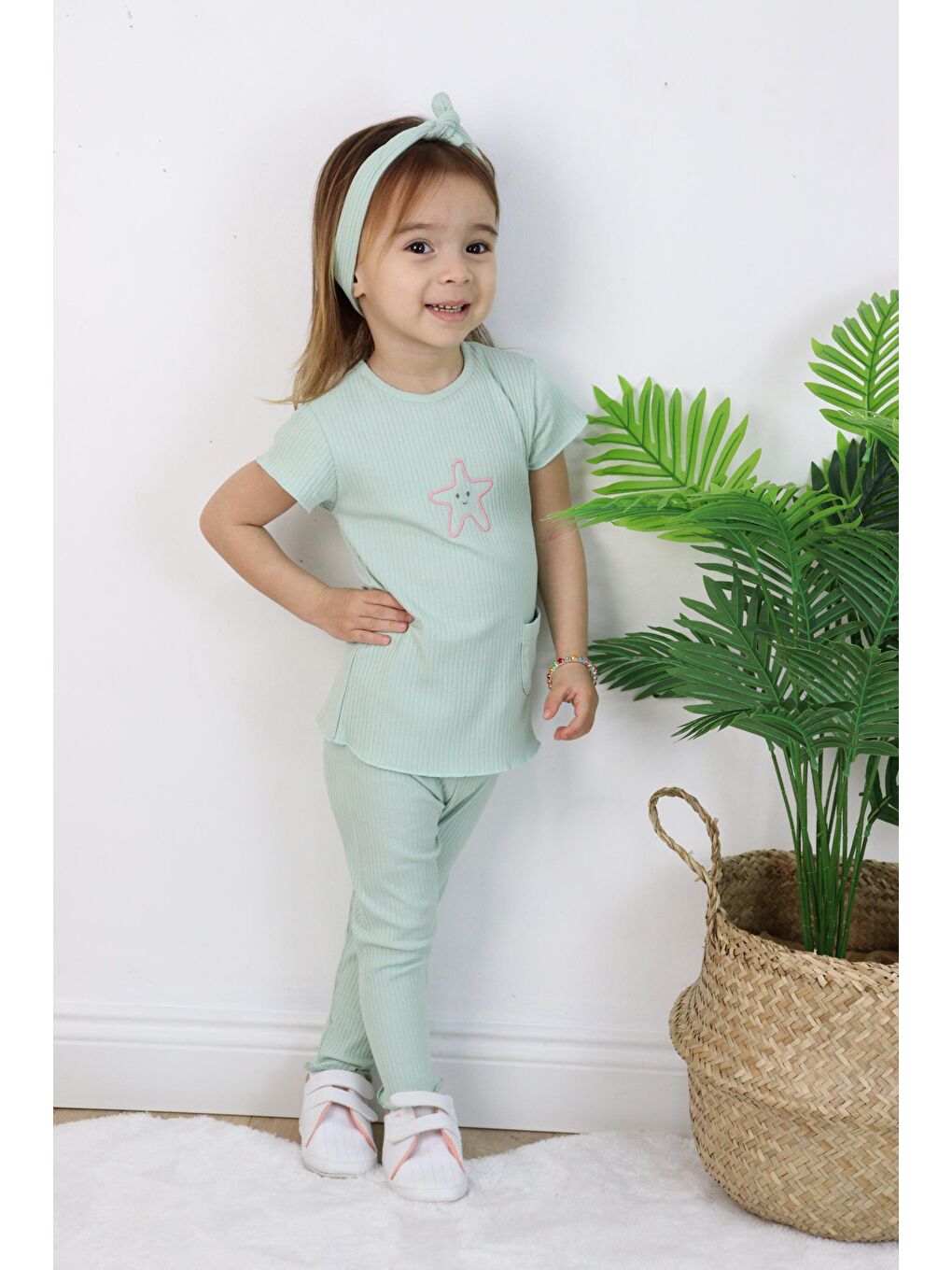 Yeşil Kız Çocuk Saç Bandanalı Kaprili Yazlık İkili Takım-4
