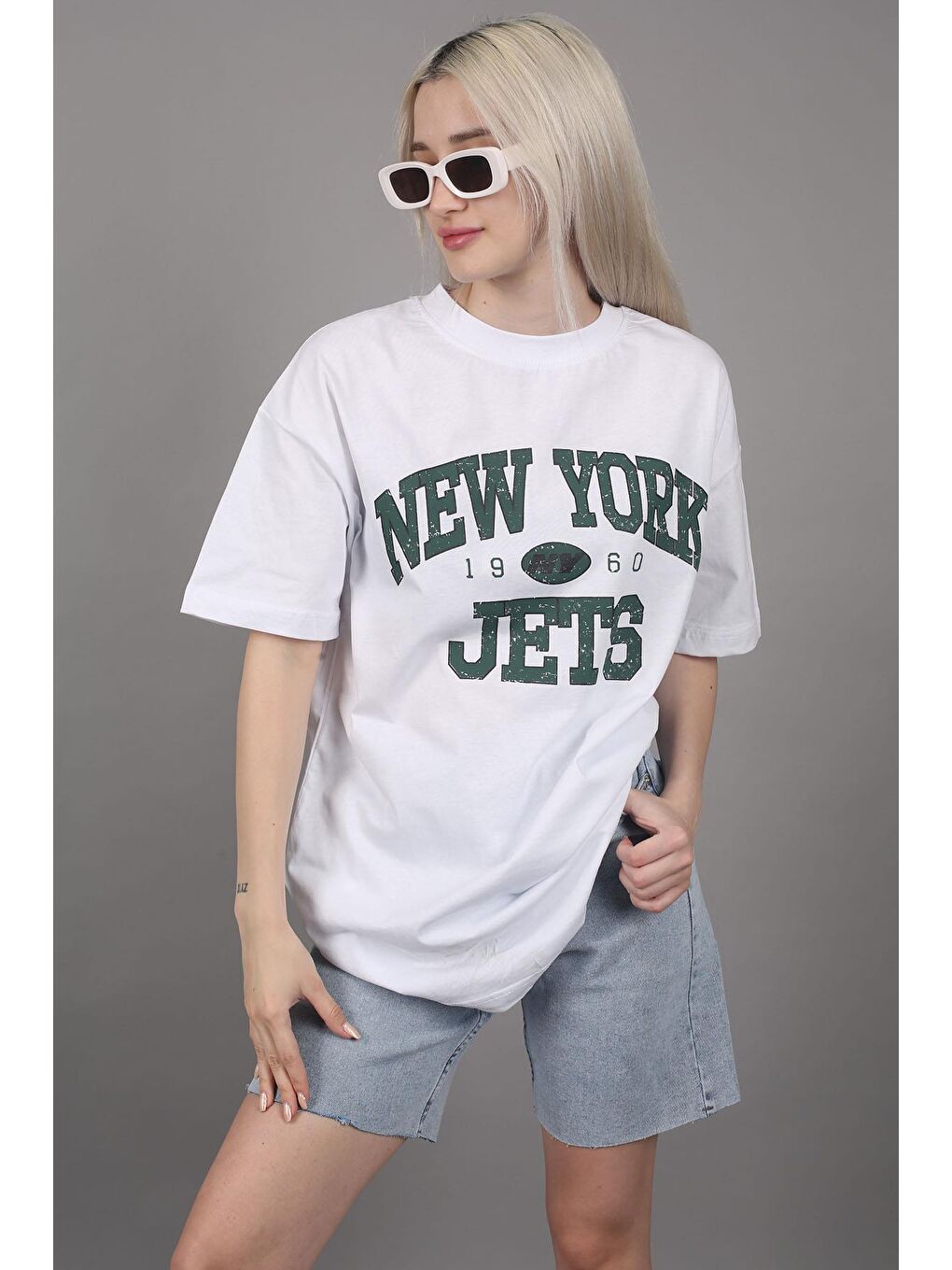 Beyaz Baskılı Oversize Kadın Tişört MG1226