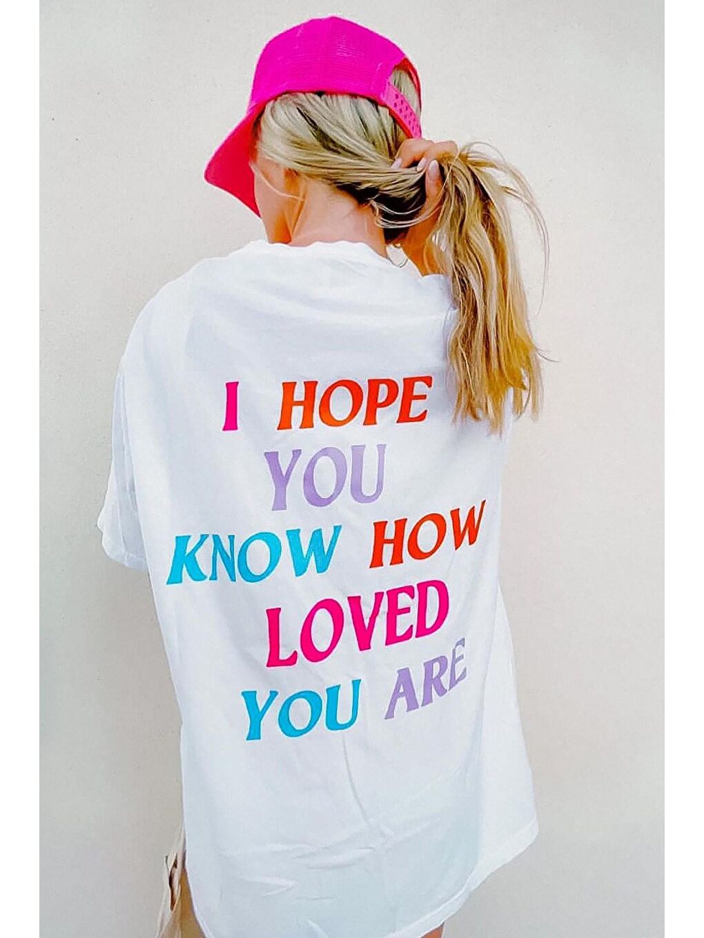 Beyaz Baskılı Oversize Bisiklet Yaka Kadın Tişört-3