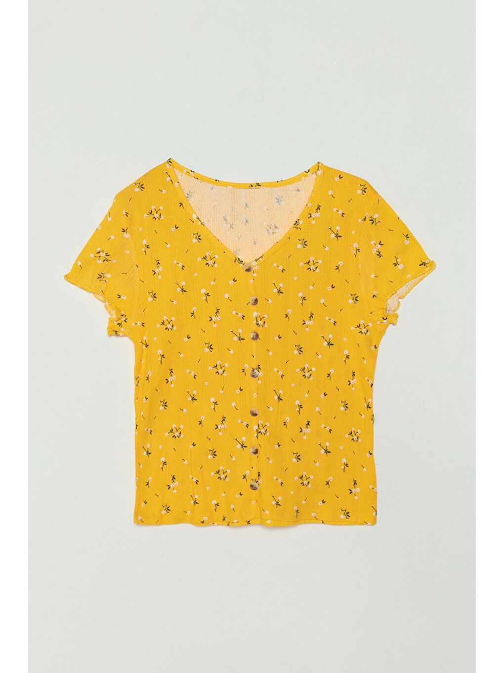 Sarı Çiçek Baskılı Önden Düğmeli Kız Çocuk Tişört