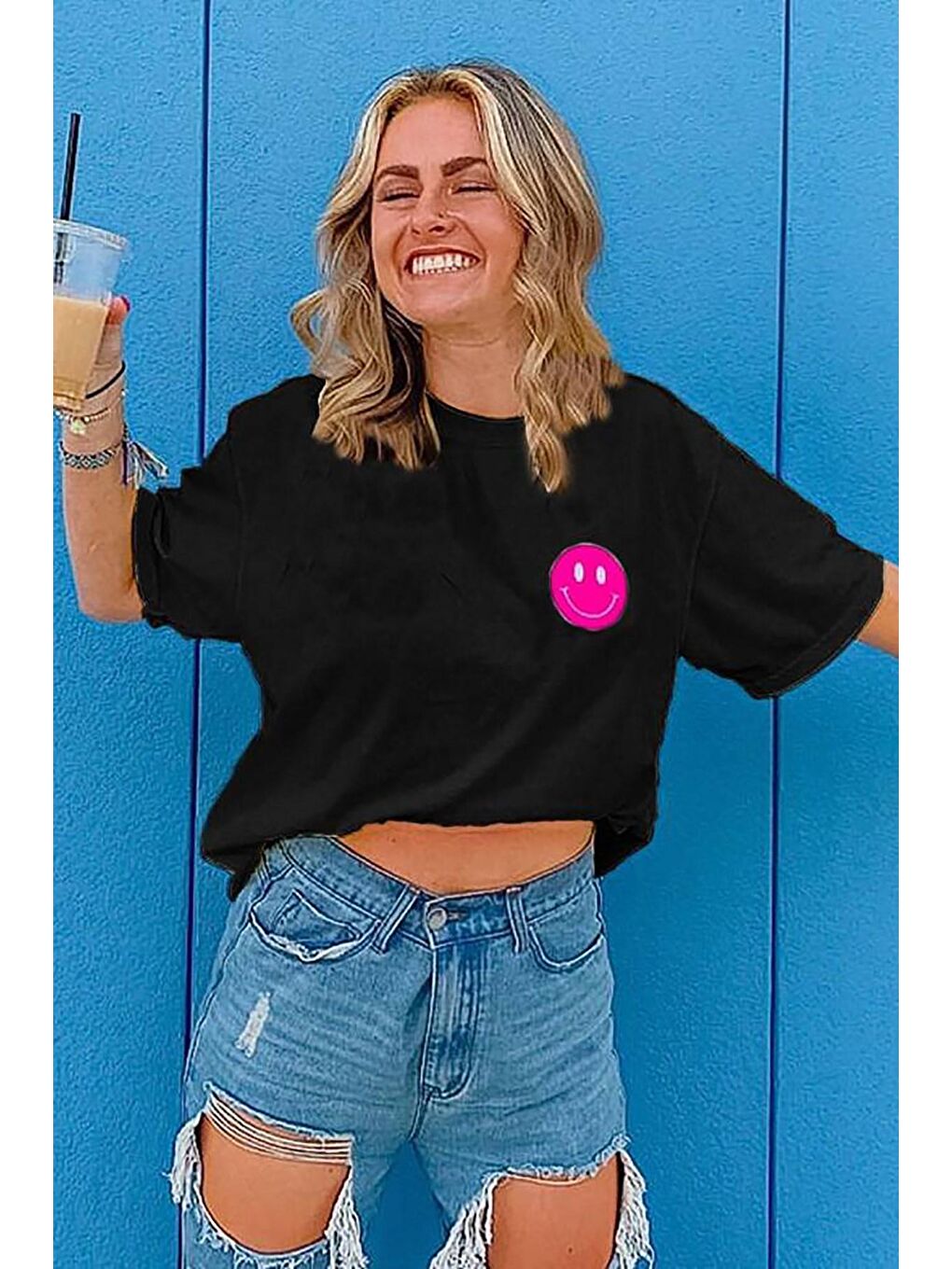 Siyah Arka Baskılı Oversize Yuvarlak Yaka Kadın Tişört-3