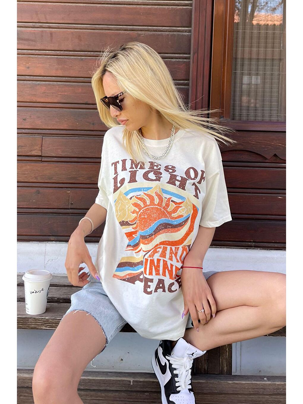 Ekru Baskılı Over Fit Kadın Tişört Mg1498-1