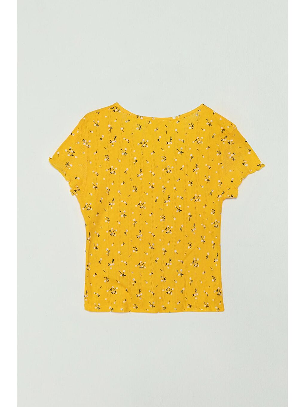 Sarı Çiçek Baskılı Önden Düğmeli Kız Çocuk Tişört-1