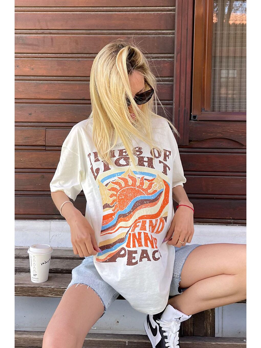 Ekru Baskılı Over Fit Kadın Tişört Mg1498-2