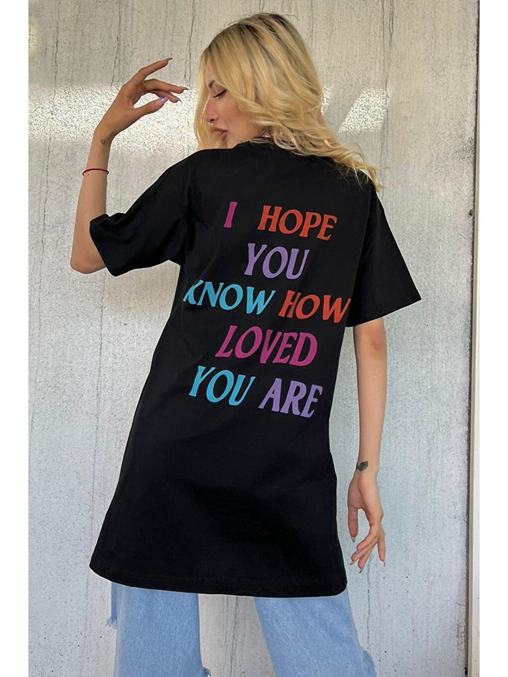 Siyah Baskılı Oversize Bisiklet Yaka Kadın Tişört