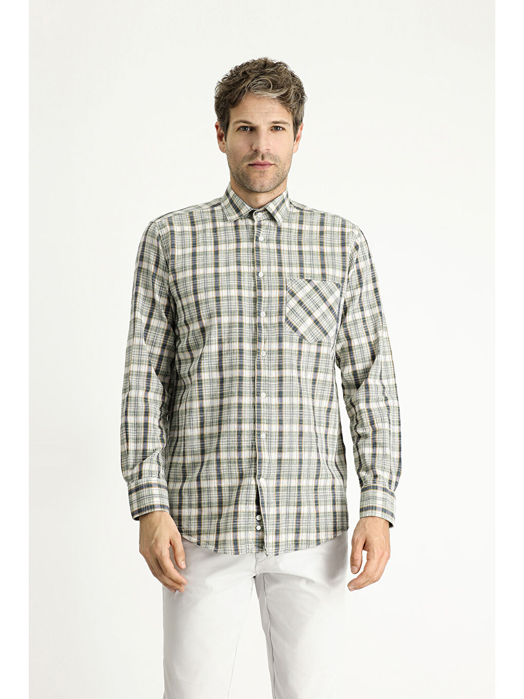 Haki Uzun Kol Regular Fit Ekose Pamuk Gömlek-2