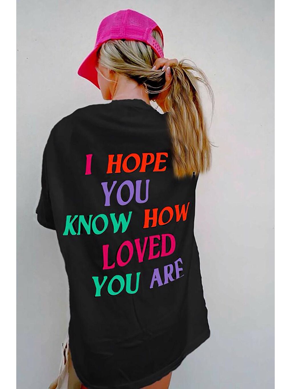 Siyah Baskılı Oversize Bisiklet Yaka Kadın Tişört-2