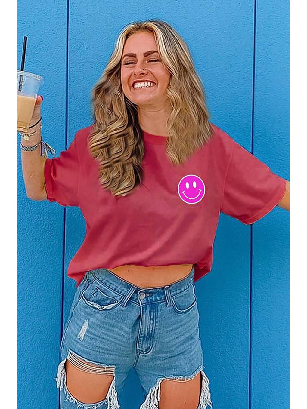 Pembe Arka Baskılı Oversize Yuvarlak Yaka Kadın Tişört-4