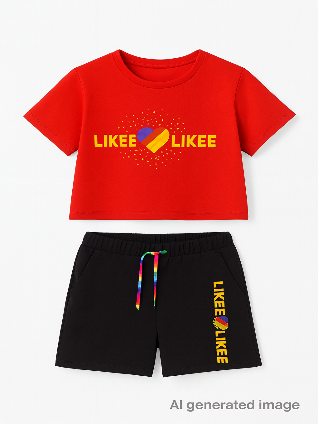 Kırmızı Kız Çocuk Likee Baskılı Cebi Şortlu Takım