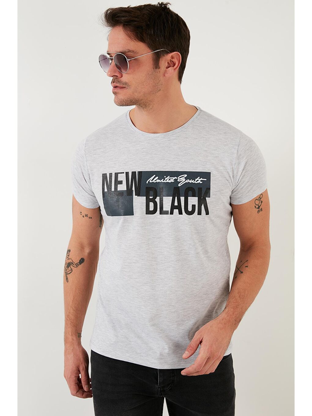Gri Baskılı %100 Pamuk Bisiklet Yaka Slim Fit Tişört 541NEWBLACK