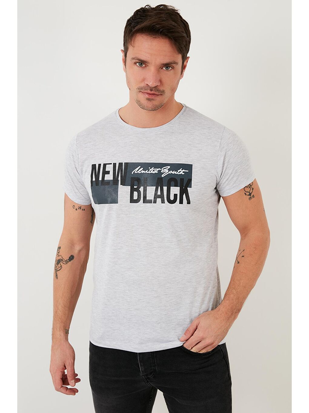 Gri Baskılı %100 Pamuk Bisiklet Yaka Slim Fit Tişört 541NEWBLACK-1