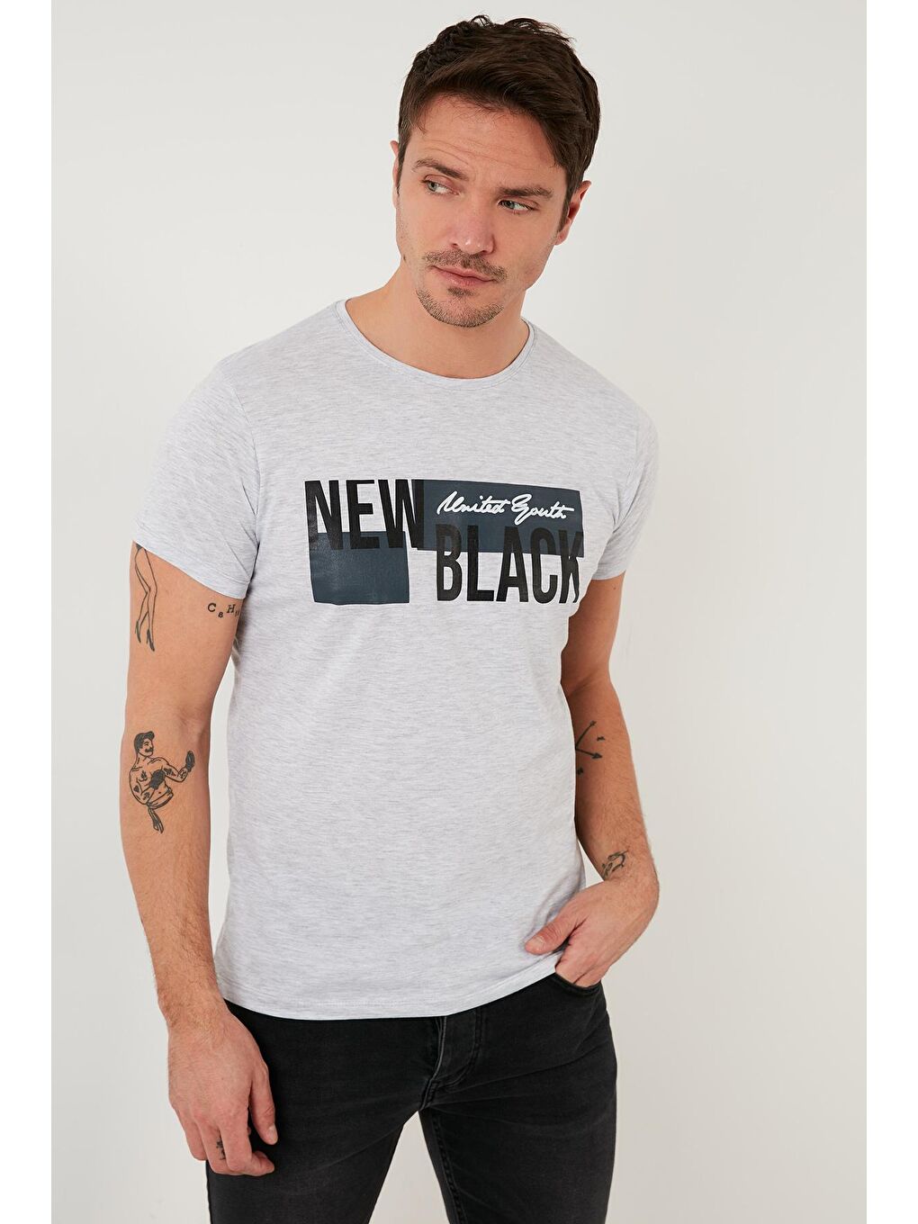 Gri Baskılı %100 Pamuk Bisiklet Yaka Slim Fit Tişört 541NEWBLACK-2