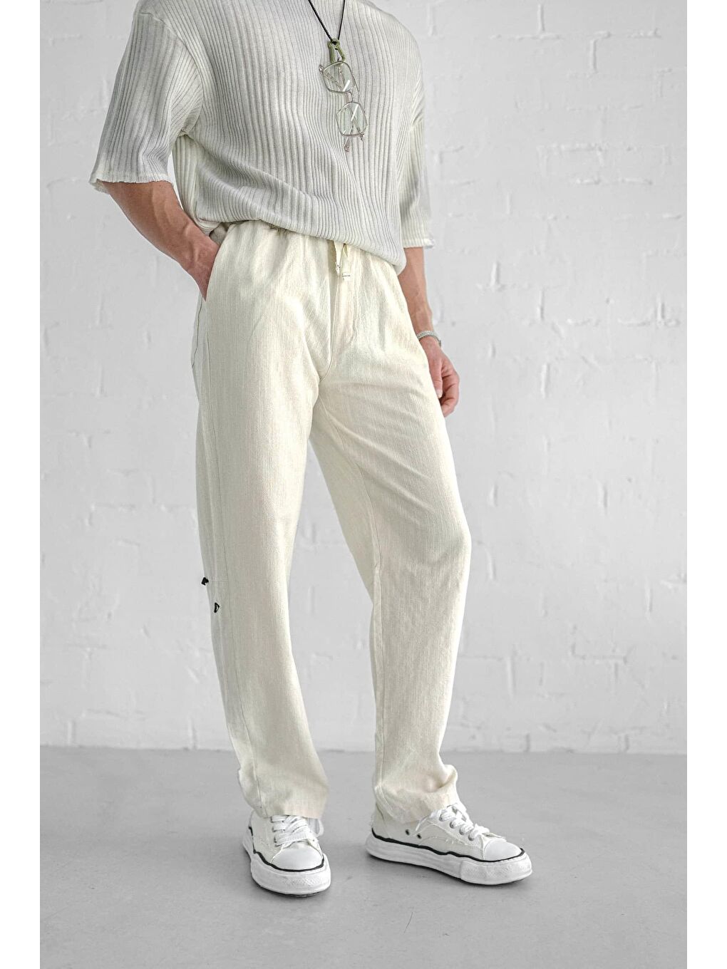 Baggy Fit Keten Erkek %100 Pamuk Pantolon Ekru-1