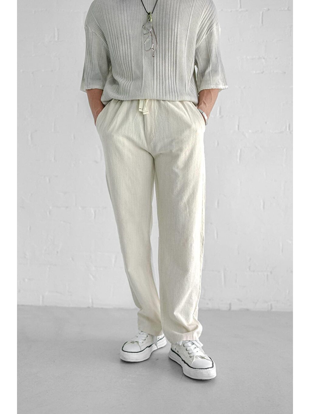 Baggy Fit Keten Erkek %100 Pamuk Pantolon Ekru-2