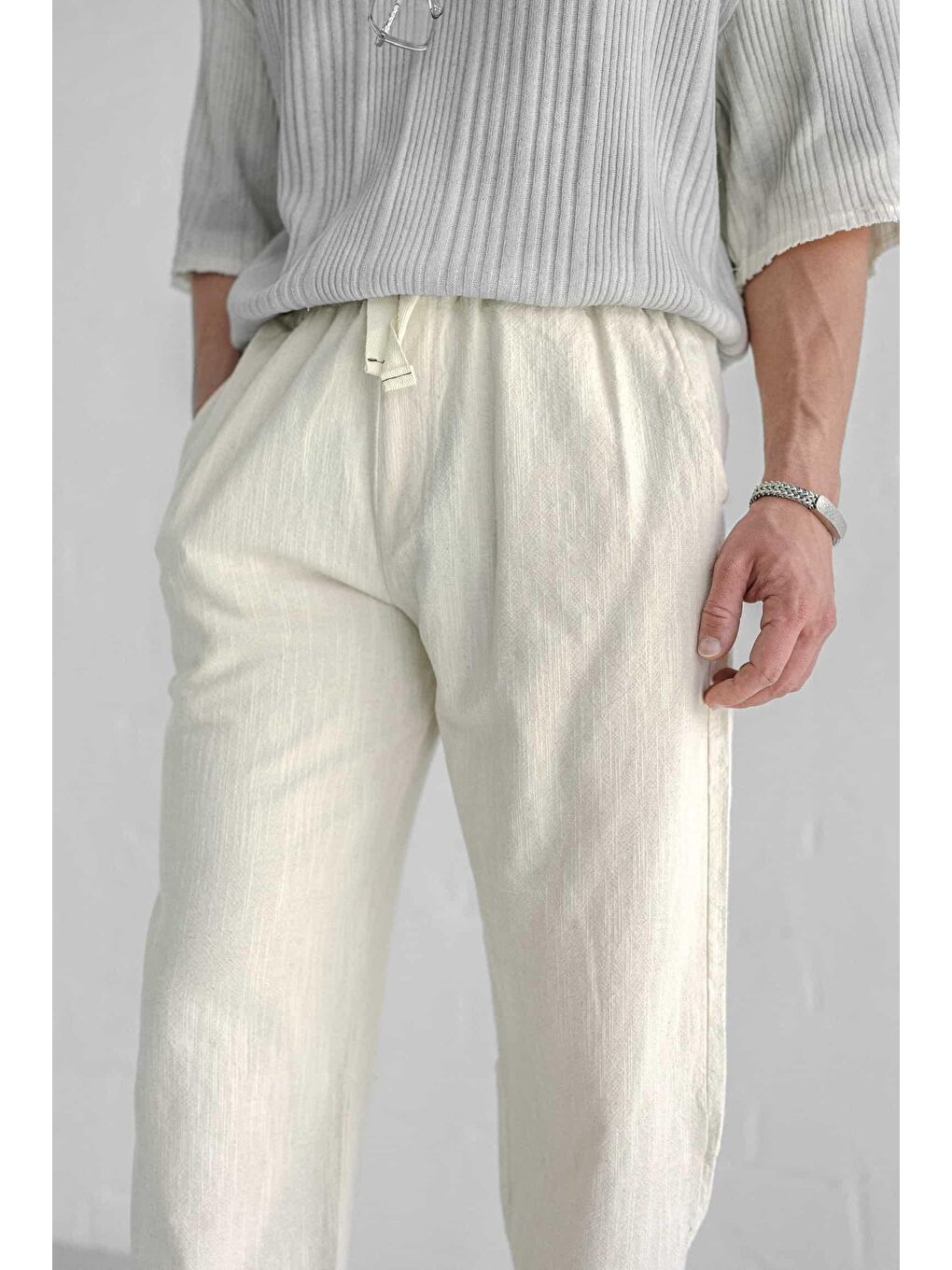 Baggy Fit Keten Erkek %100 Pamuk Pantolon Ekru-3