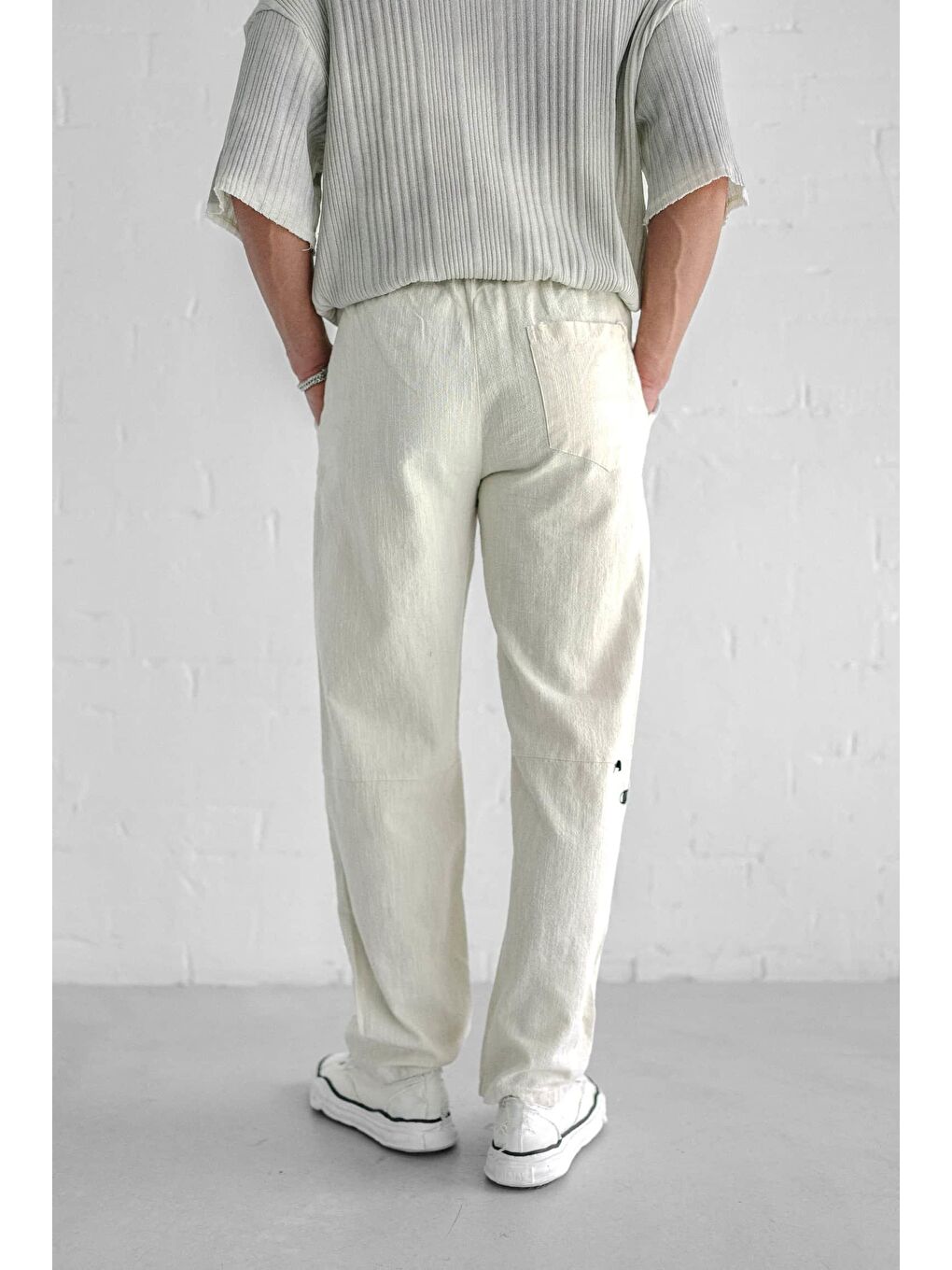 Baggy Fit Keten Erkek %100 Pamuk Pantolon Ekru-4