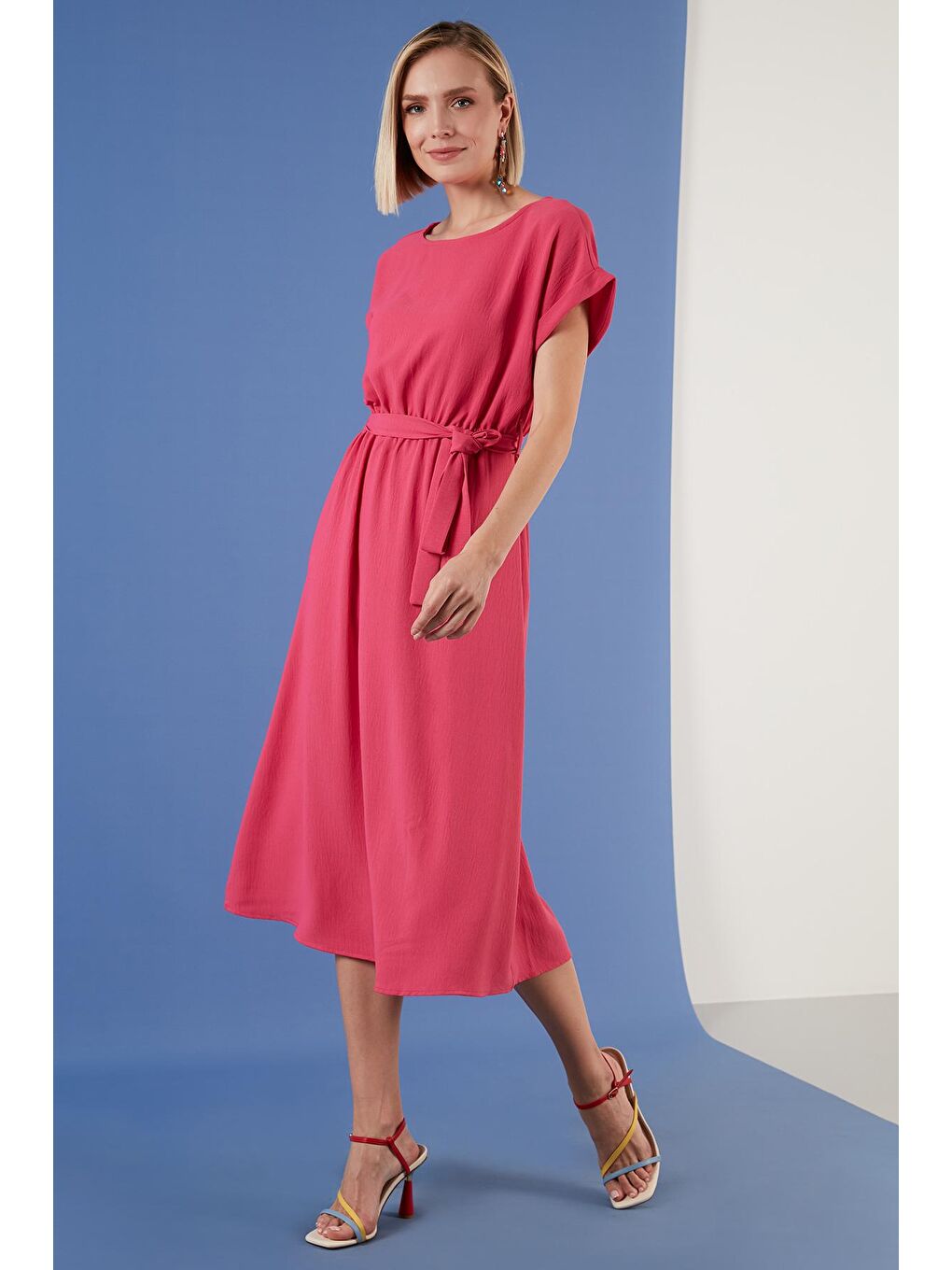 Fuşya Bisiklet Yaka Belden Bağlamalı Uzun Elbise 6235278