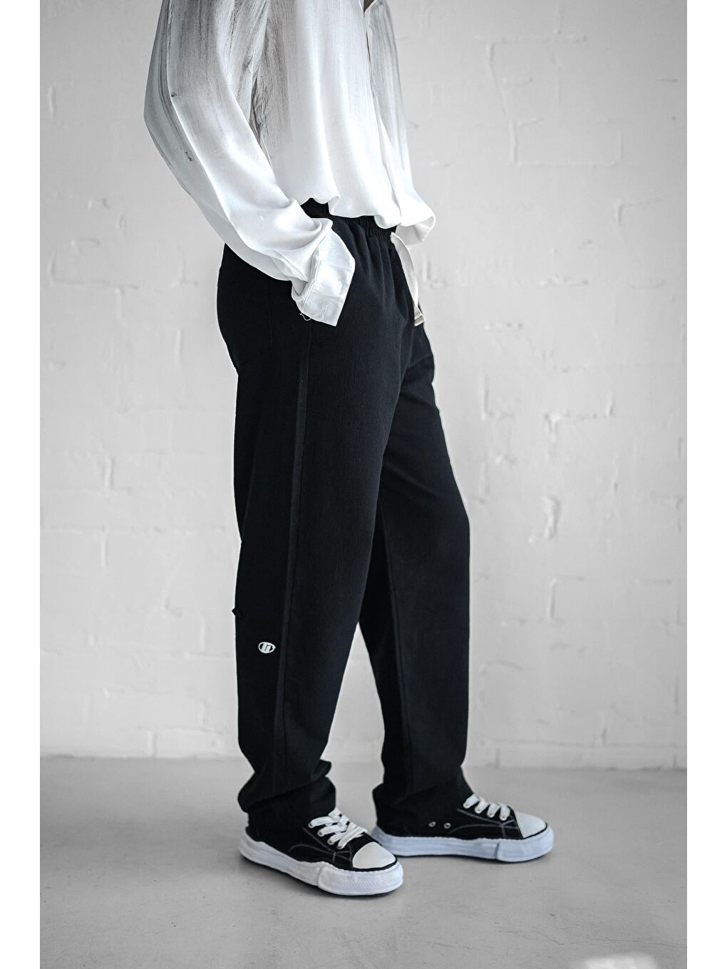 Baggy Fit Keten Erkek %100 Pamuk Pantolon Siyah-1