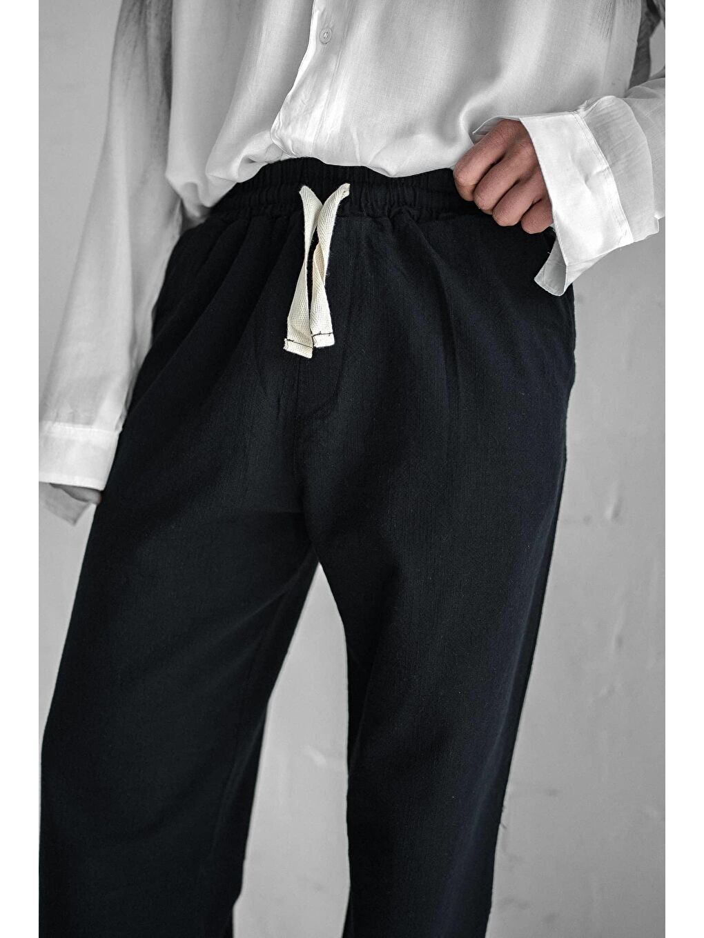 Baggy Fit Keten Erkek %100 Pamuk Pantolon Siyah-2