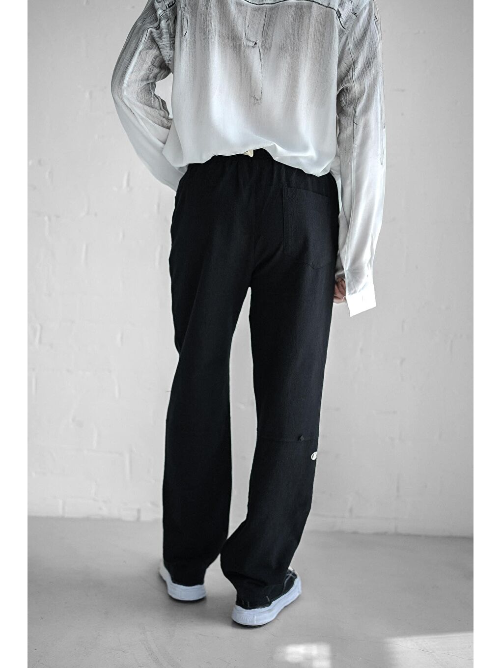 Baggy Fit Keten Erkek %100 Pamuk Pantolon Siyah-3