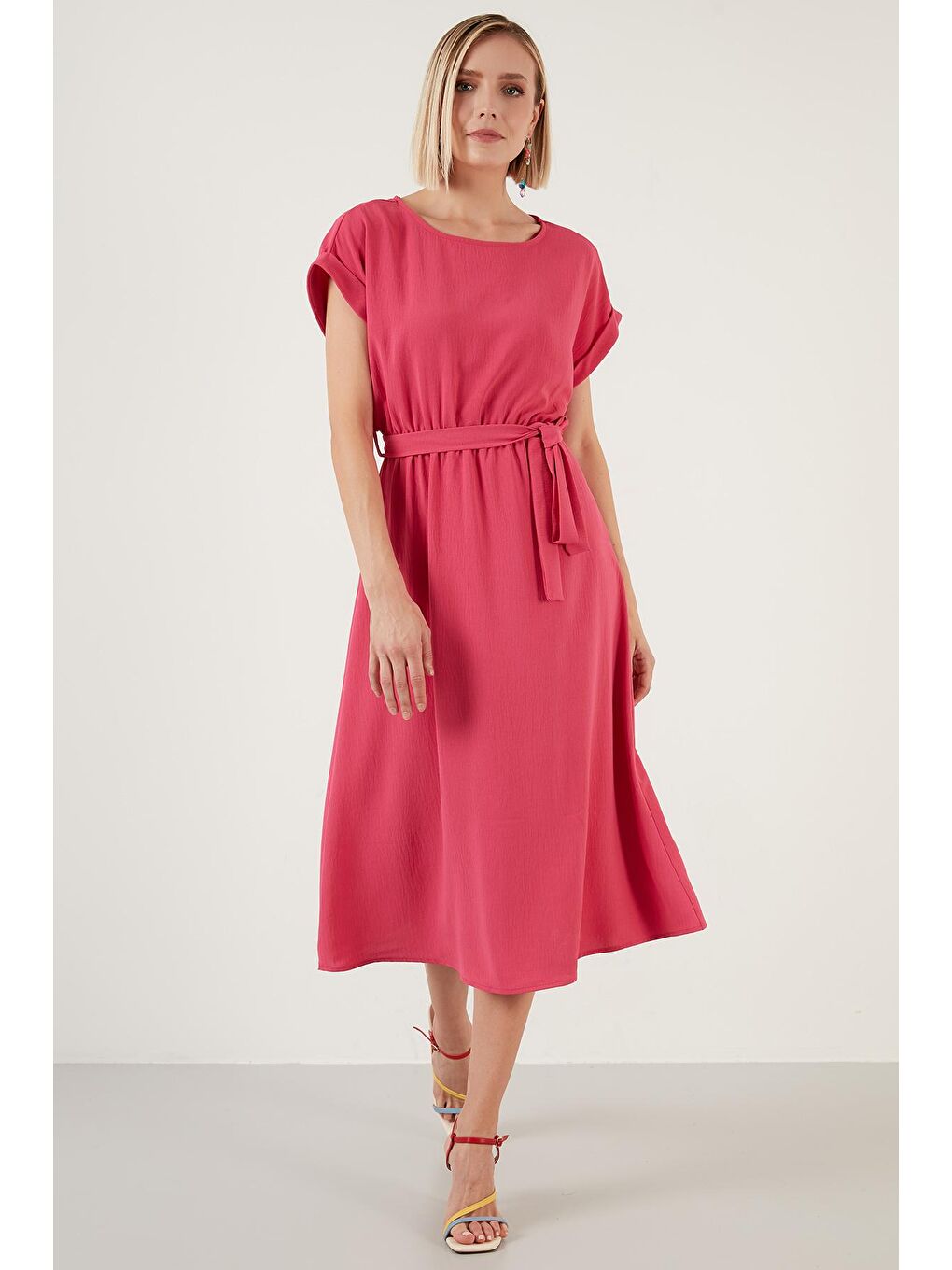 Fuşya Bisiklet Yaka Belden Bağlamalı Uzun Elbise 6235278-1
