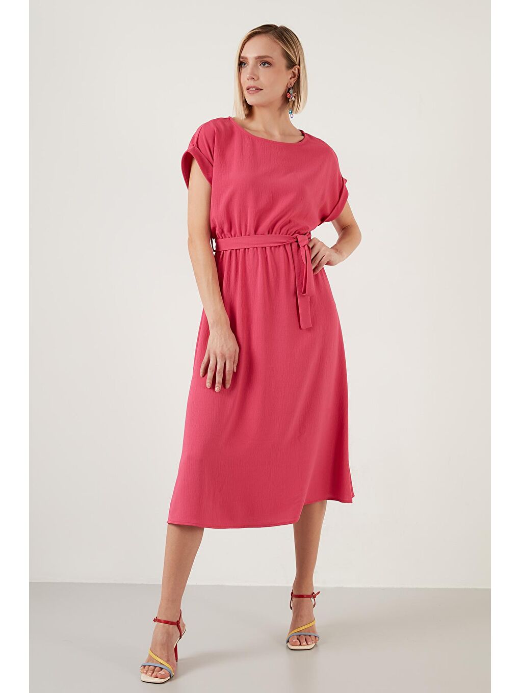 Fuşya Bisiklet Yaka Belden Bağlamalı Uzun Elbise 6235278-2