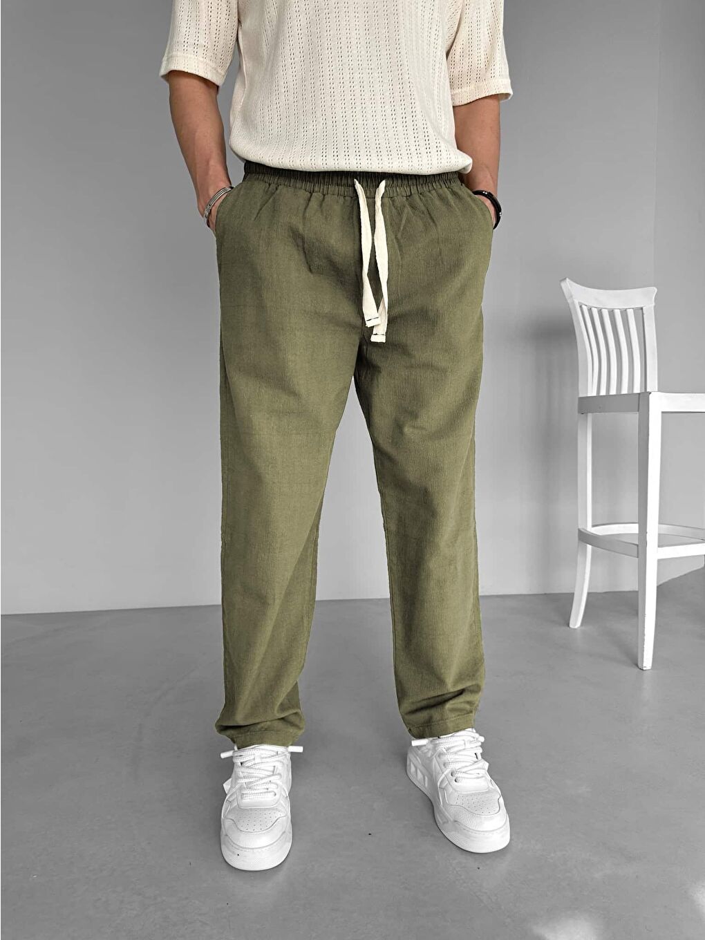 Baggy Fit Keten Erkek %100 Pamuk Pantolon Haki Yeşil