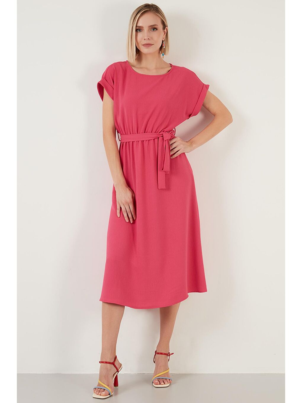 Fuşya Bisiklet Yaka Belden Bağlamalı Uzun Elbise 6235278-3
