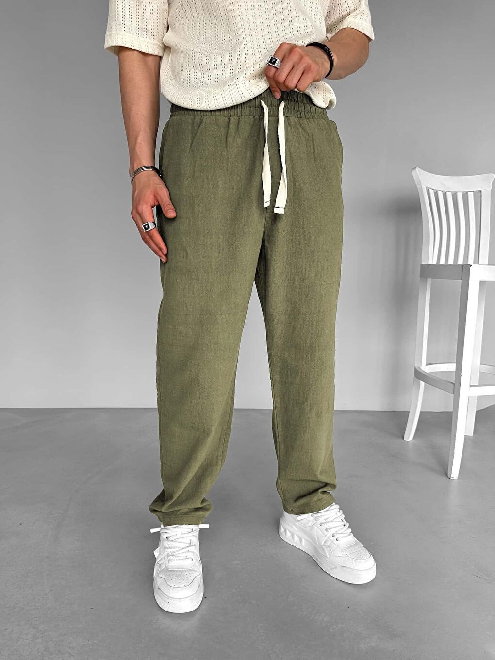 Baggy Fit Keten Erkek %100 Pamuk Pantolon Haki Yeşil-1