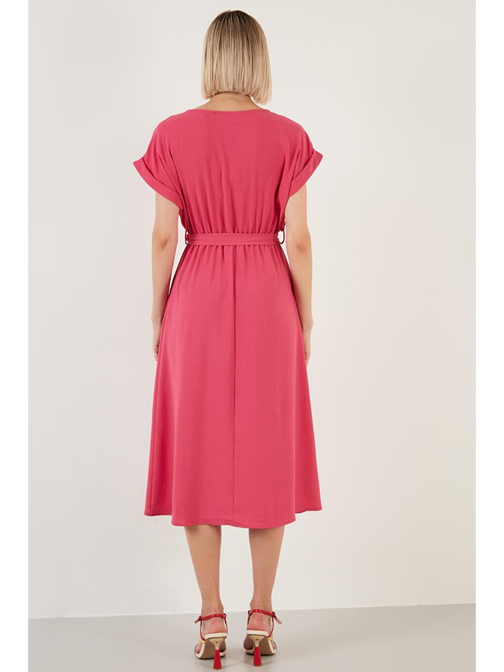Fuşya Bisiklet Yaka Belden Bağlamalı Uzun Elbise 6235278-4