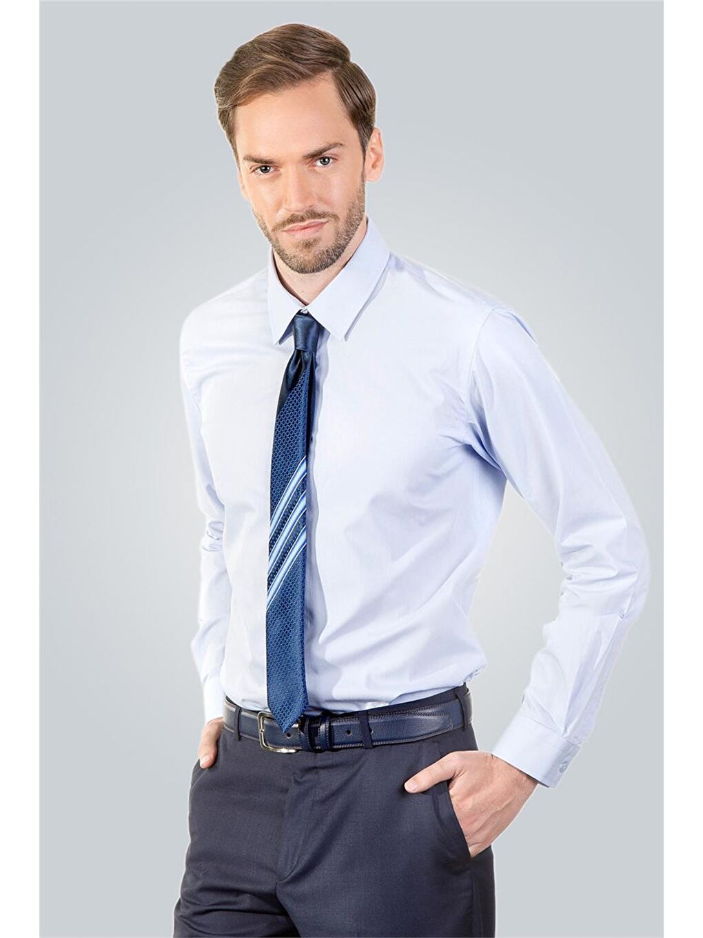 Modern Slim Fit Pamuklu Kolay Ütü Erkek Mavi Gömlek-1