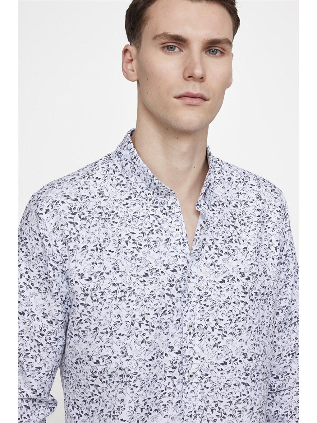 Beyaz Slim Fit Baskılı Desenli Kolay Ütü Yaka Düğmeli Gömlek-2