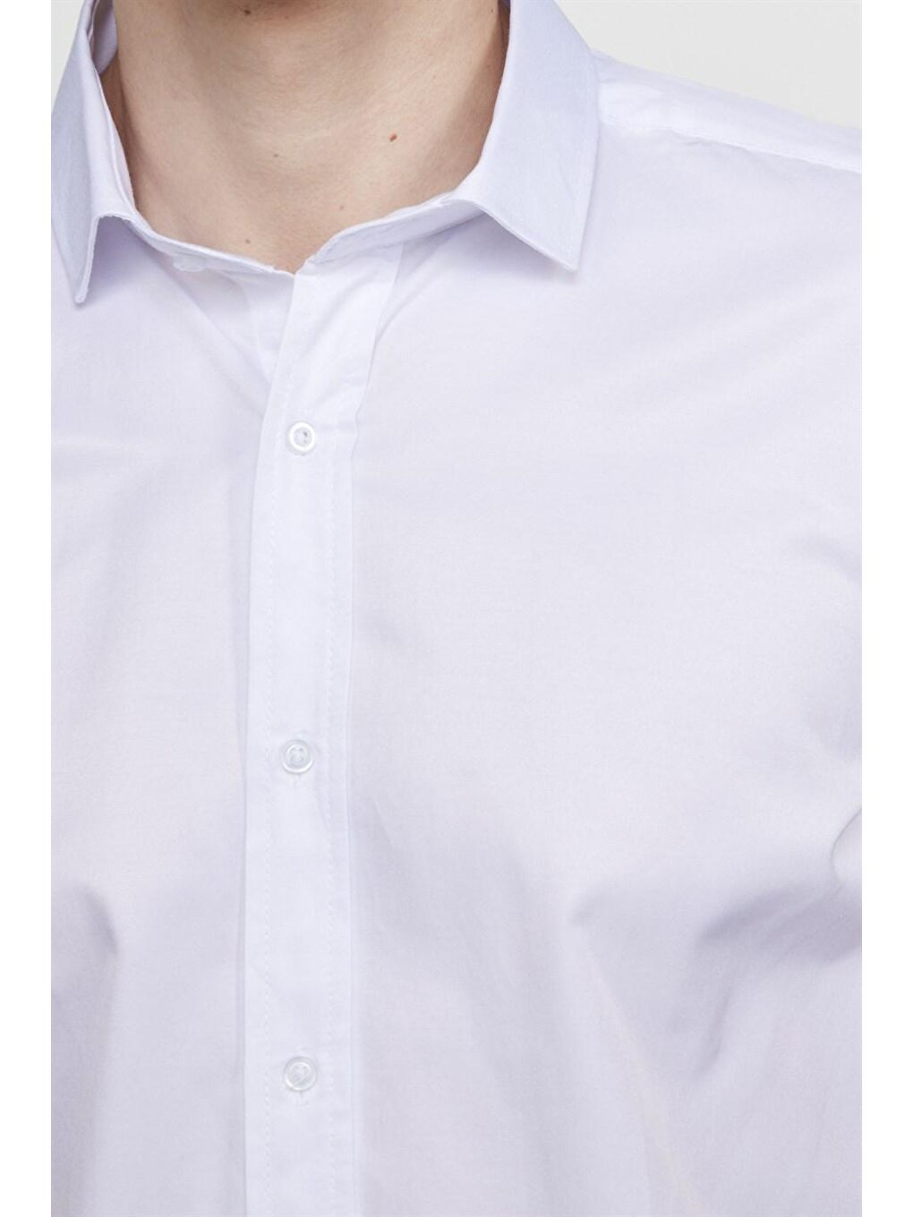 Dar Kesim Kısa Kol Düz Pamuklu Kravat Yaka Erkek Beyaz Gömlek-4