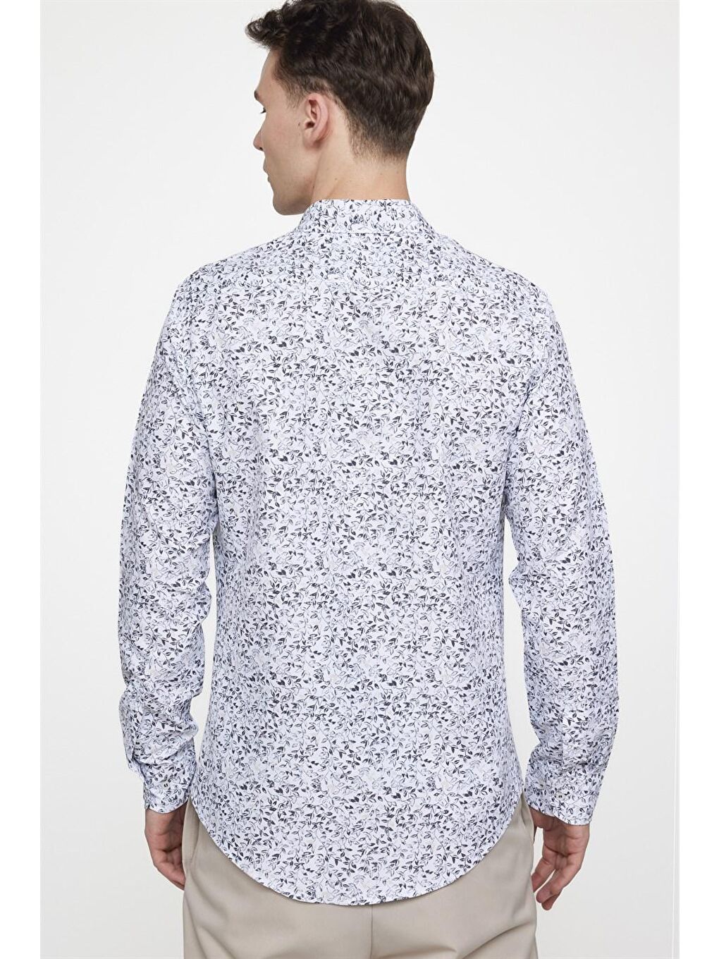 Beyaz Slim Fit Baskılı Desenli Kolay Ütü Yaka Düğmeli Gömlek-3