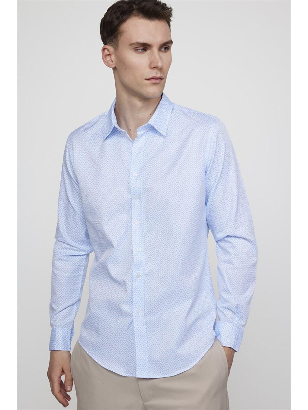 Slim Fit Pamuklu Kolay Ütü Desenli Erkek Beyaz Gömlek