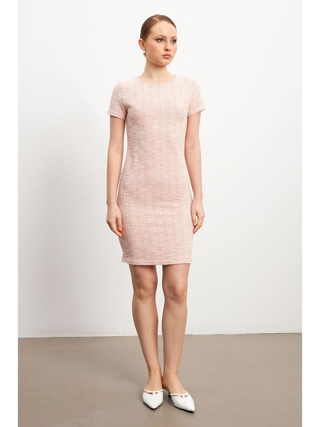 Kadın Pembe Tüvit Kısa Kollu Bisiklet Yaka Mini Elbise