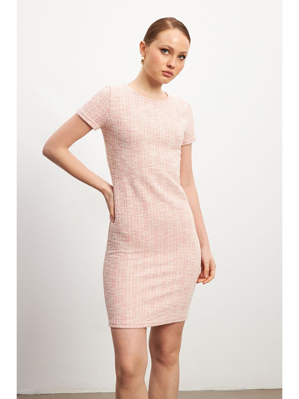 Kadın Pembe Tüvit Kısa Kollu Bisiklet Yaka Mini Elbise-2