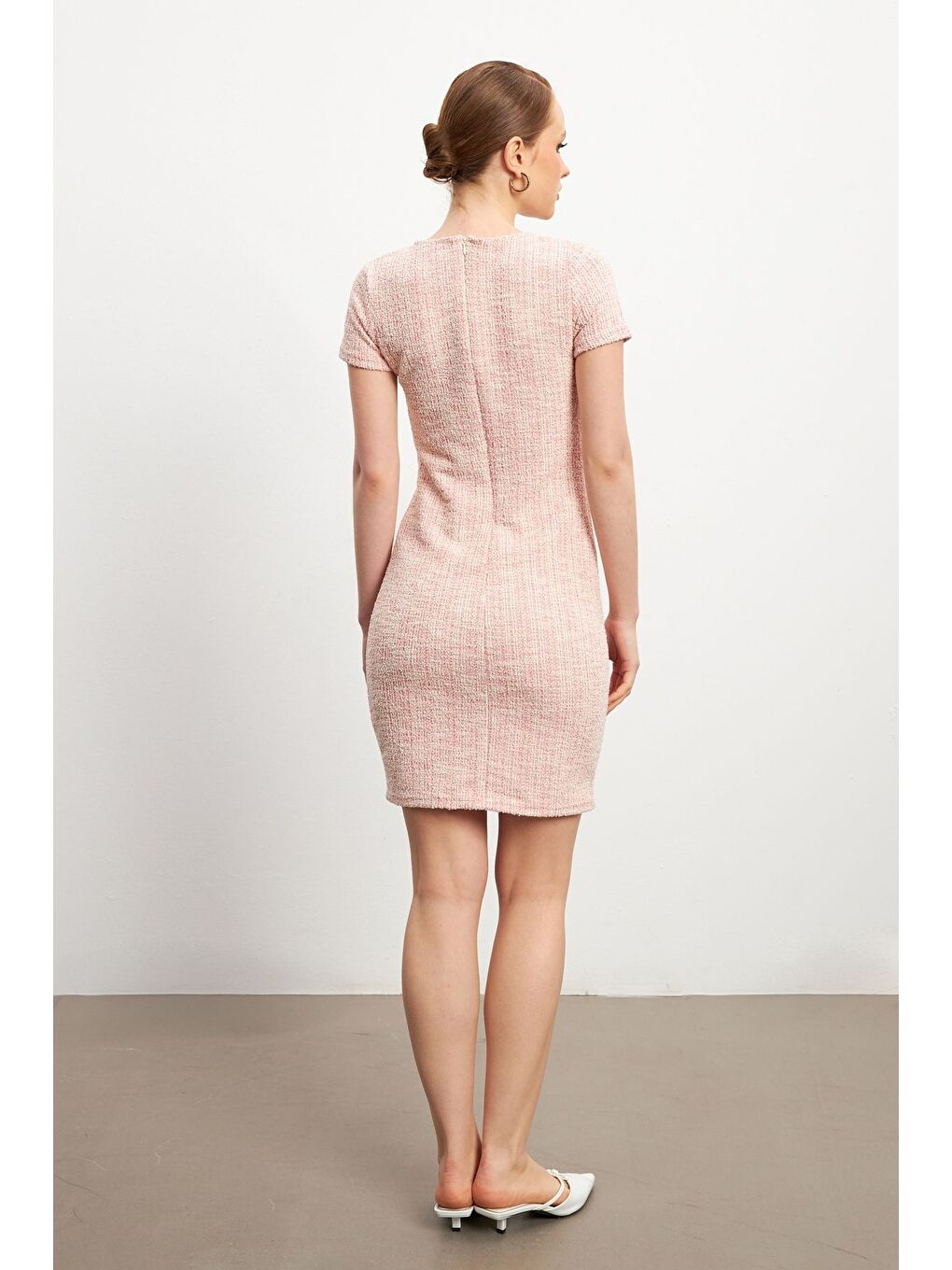 Kadın Pembe Tüvit Kısa Kollu Bisiklet Yaka Mini Elbise-3