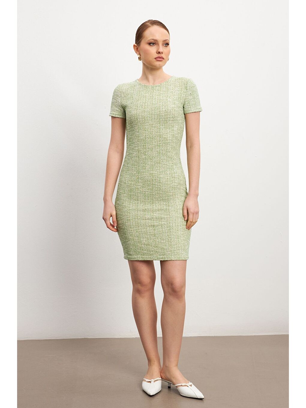Kadın Yeşil Tüvit Kısa Kollu Mini Bisiklet Yaka Elbise